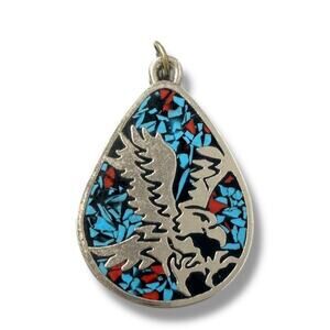 S.S.L EAGLE Turquoise and Red Coral Vintage Silver Tone Pendant